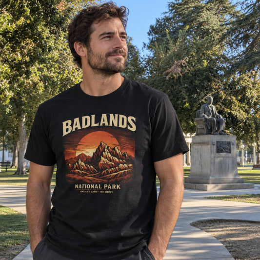 A man wearing a black graphic t-shirt with a 'Badlands National Park' sunset print, standing outdoors in a park with trees and a statue in the background.