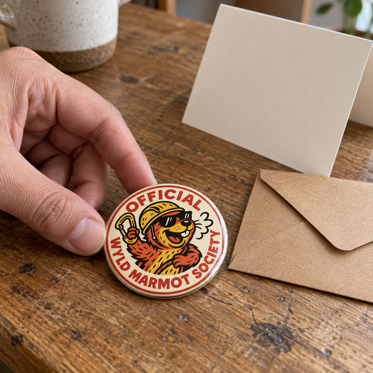A hand holds a round enamel pin featuring a cartoon wild marmot with the text 'OFFICIAL WYLD MARMOT SOCIETY' on a rustic wooden table, with a kraft envelope and a blank card nearby.
