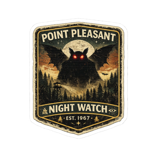 Vintage-style badge with a mothman-like creature, trees, and 'Point Pleasant Night Watch' text on a white background.