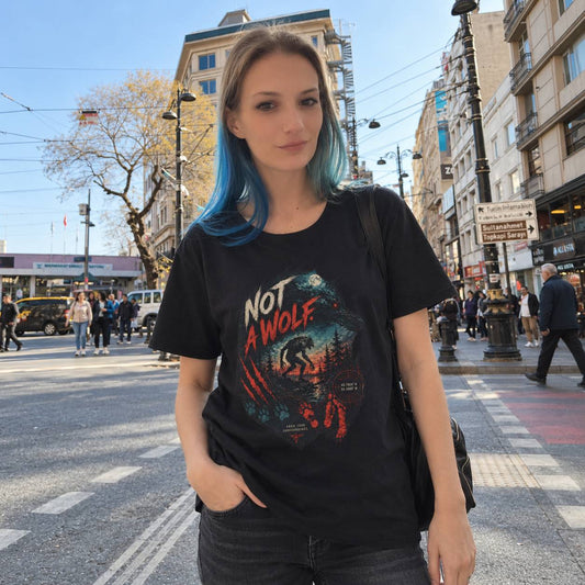 A woman with blue-tinted hair stands on a city street wearing a black graphic t-shirt with a distressed red and teal wolf design and the text 'NOT A WOLF'.