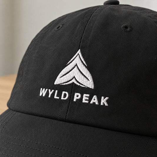 A close-up of a black baseball cap featuring a white embroidered chevron logo and the text 'WYLD PEAK' on the front panel.