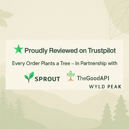 Banner showing Wyld Peak, Trustpilot, Sprout, and TheGoodAPI logos with message: "Proudly reviewed on Trustpilot. Every order plants a tree."
