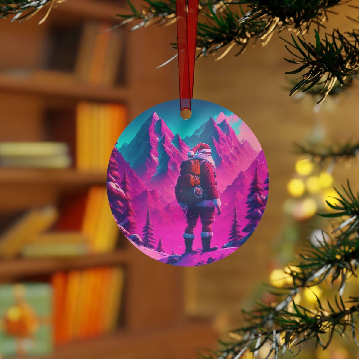 Wyld Peak trippy Santa aluminum ornament displayed in a Christmas holiday setting.