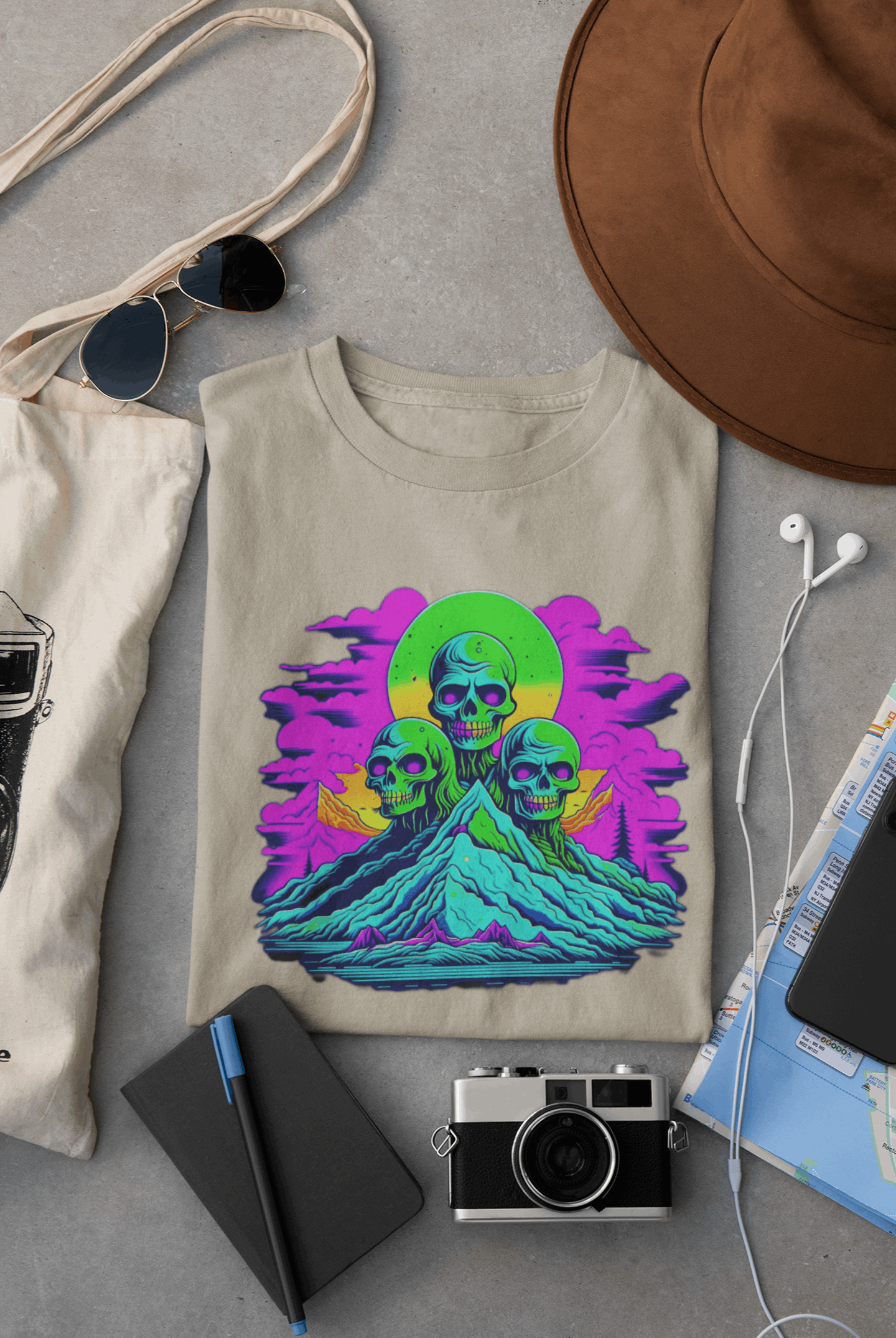 Wyld Peak Zombie Skull organic cotton skater men's T-shirt in desert tan lay flat on desk.