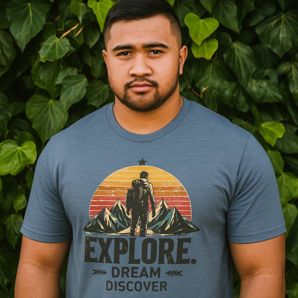 Man wearing a blue t-shirt with an 'Explore' graphic design against a green leafy background
