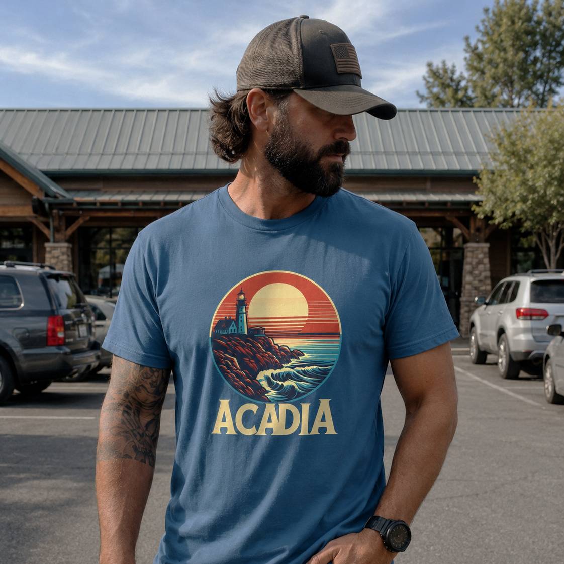 Man wearing a blue t-shirt with a 'Acadia' design in a parking lot.