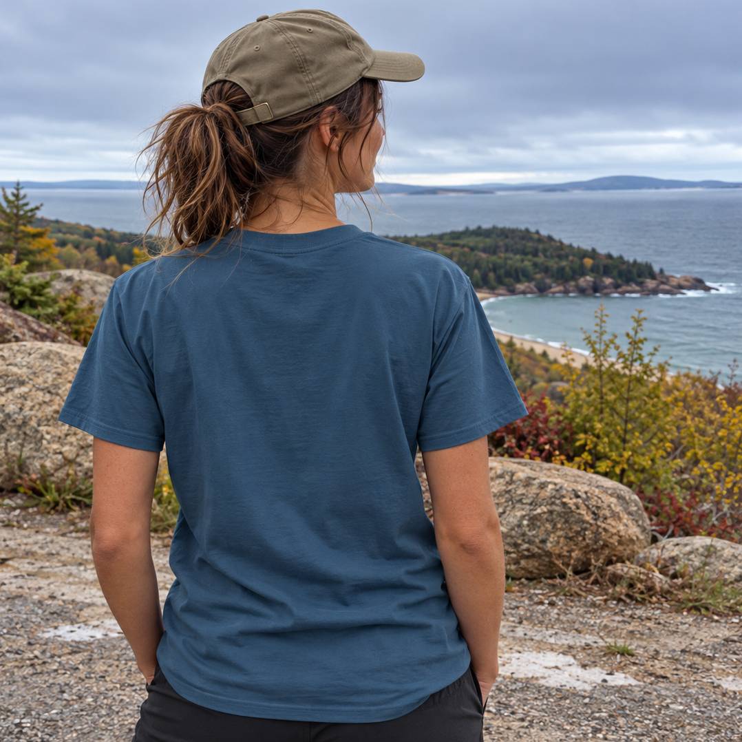 A woman viewed from behind wearing a slate blue crewneck t-shirt and an olive green baseball cap, standing on a rocky hill overlooking a coastal landscape with water and distant land under a cloudy sky.