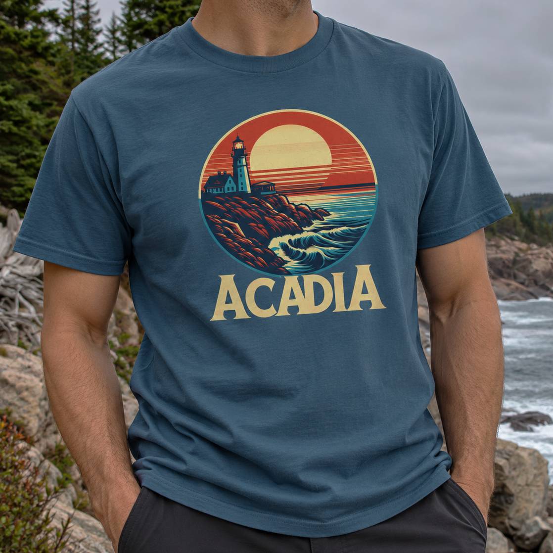 A man wearing a slate blue t-shirt with a retro circular graphic of a lighthouse, waves, and a sunset, with the word 'ACADIA' printed below in beige. The background shows a rocky coastline with trees and the ocean.