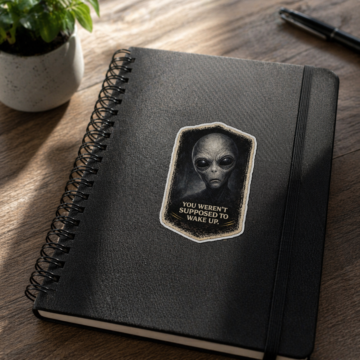 Black notebook with alien patch on a wooden surface