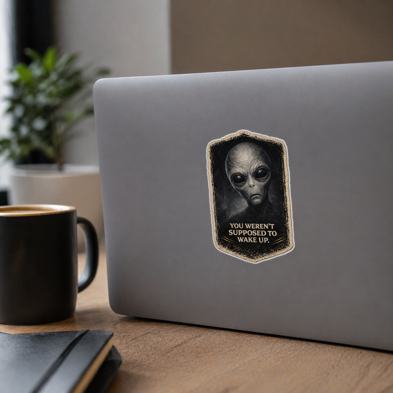 Laptop with alien sticker on a desk with a mug and notebook