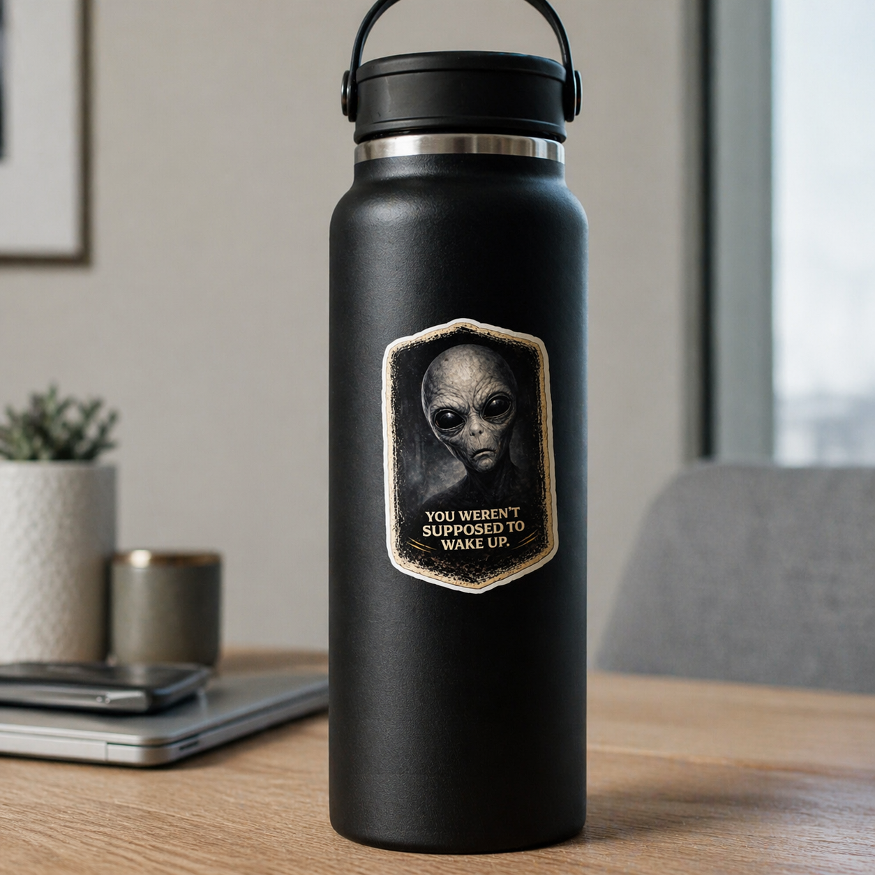Black water bottle with alien design and text on a desk