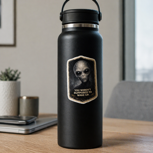 Black water bottle with alien design and text on a desk