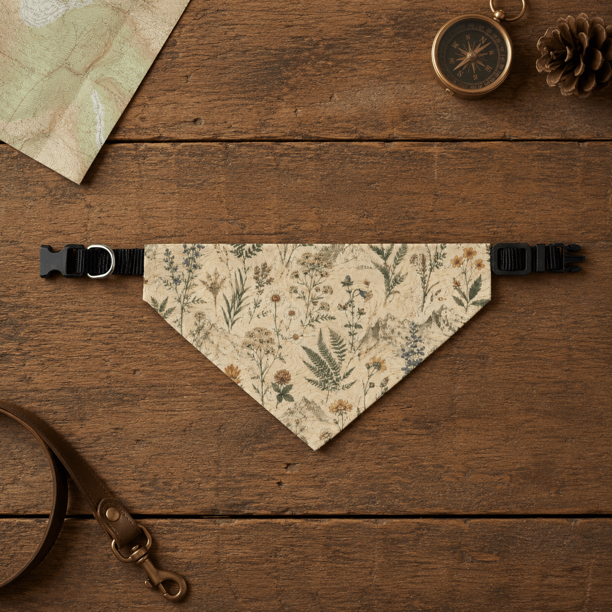 Floral patterned bandana on a wooden surface with a compass and map.