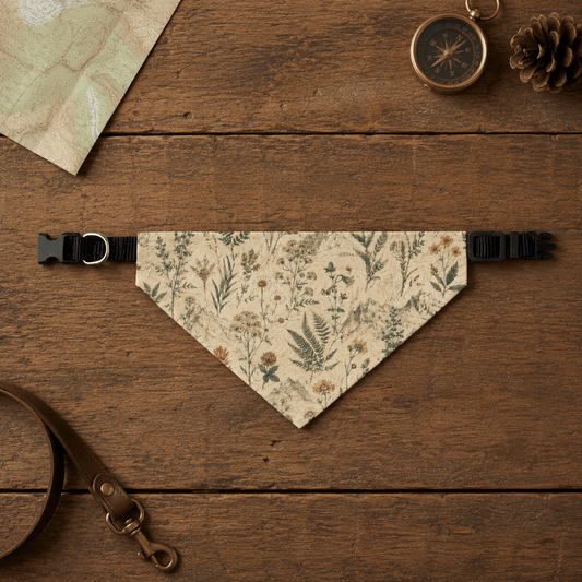 Floral patterned bandana on a wooden surface with a compass and map.