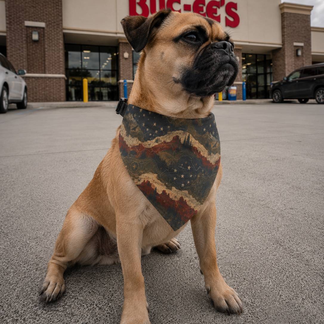 Dog wearing a bandana in front of a Buc-ee's store.