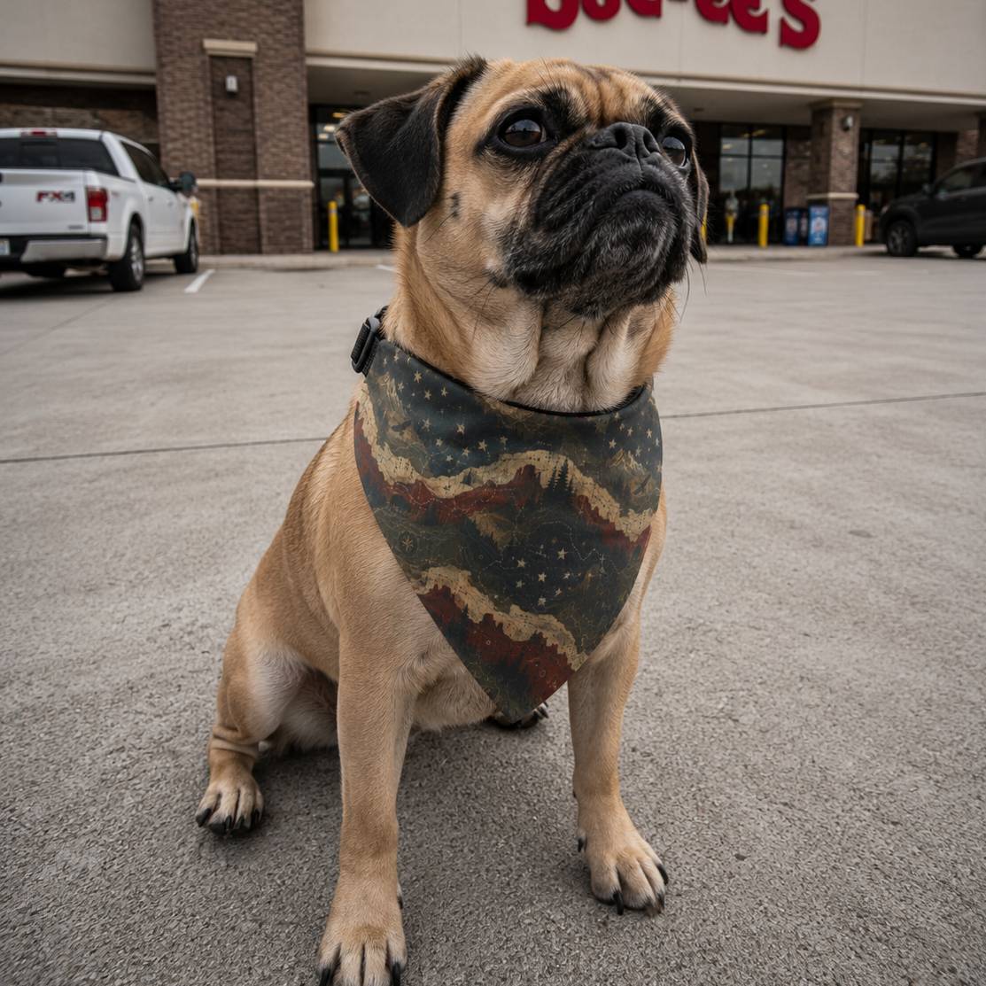 Pug wearing a bandana in front of a store with visible branding