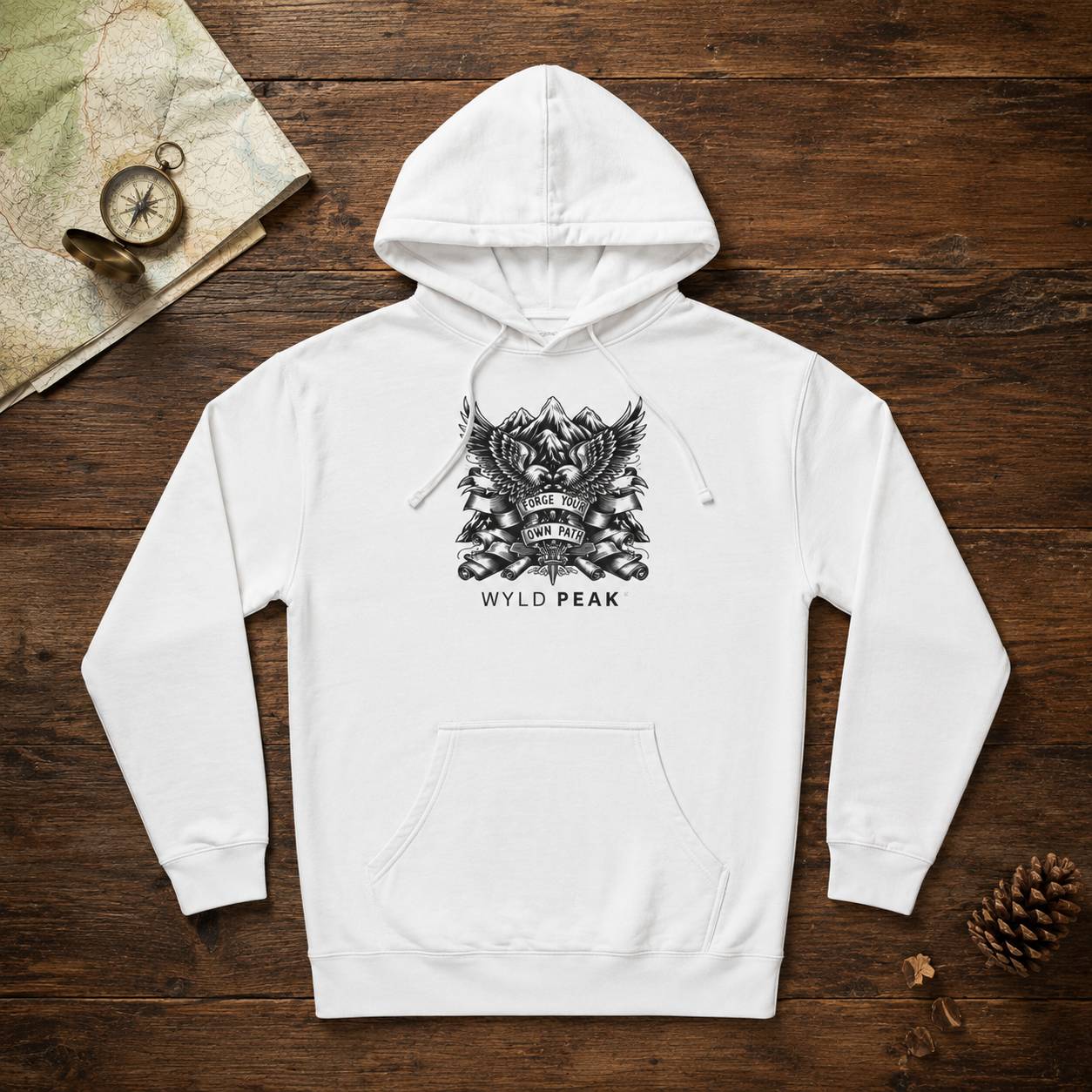 White hoodie with black graphic design on a wooden surface