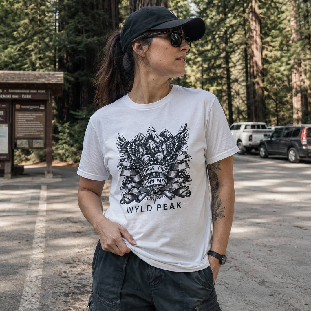 Person wearing a white t-shirt with a graphic design and text, standing in a forested area.