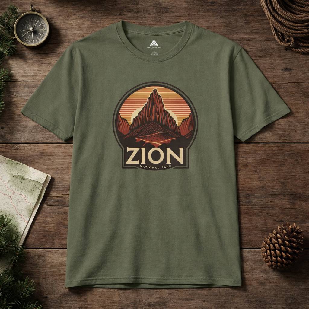 Green t-shirt with Zion National Park graphic on a wooden surface