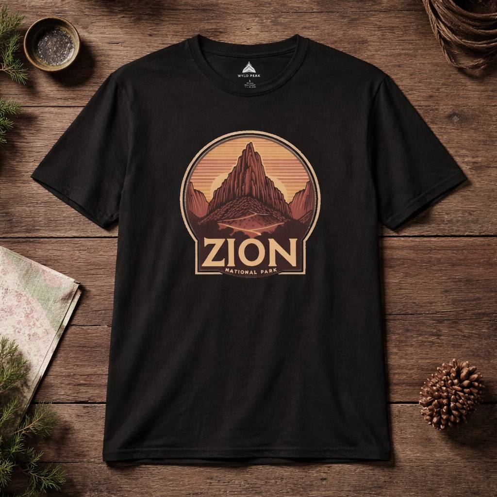 Black t-shirt with Zion National Park graphic on a wooden surface