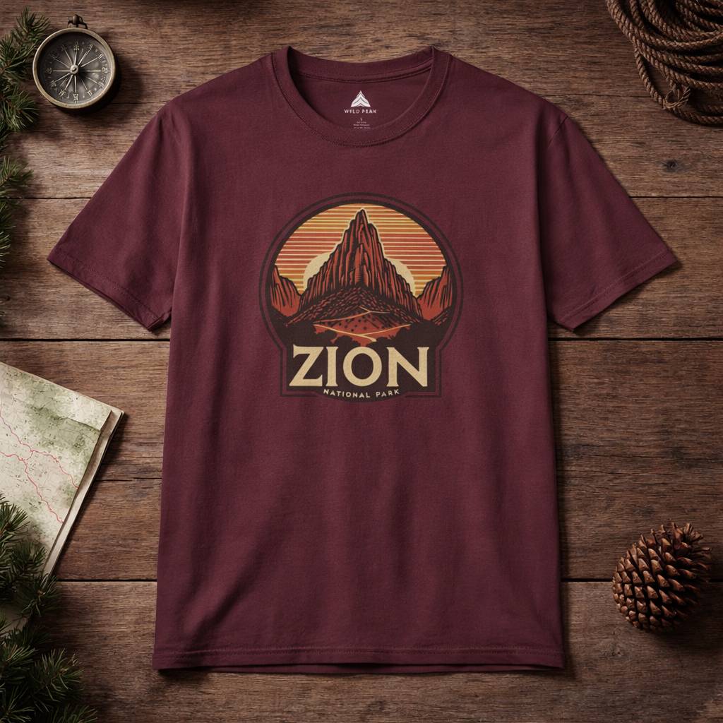 Maroon t-shirt with Zion National Park graphic on a wooden surface