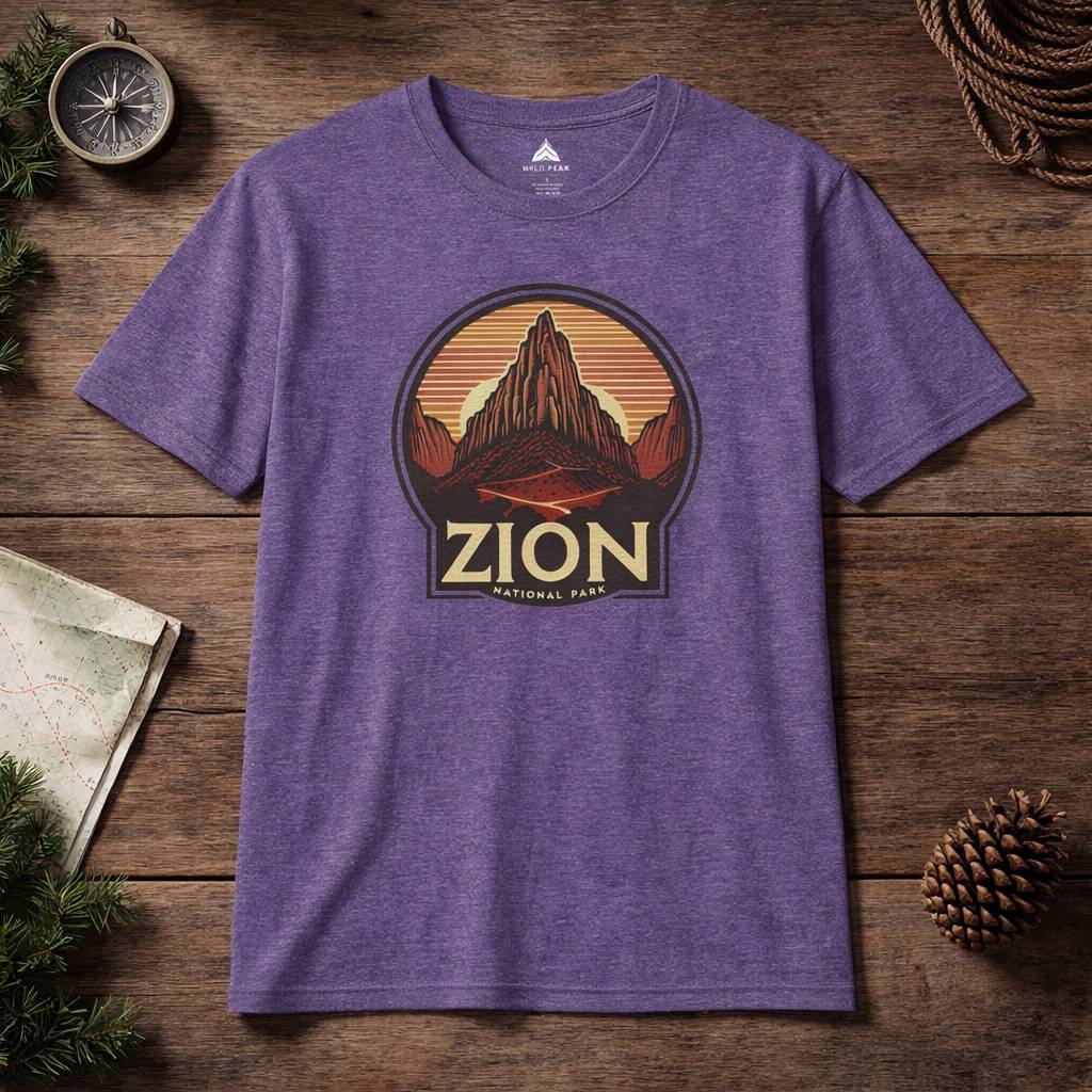 Purple t-shirt with Zion National Park graphic on a wooden surface with nature-themed items.