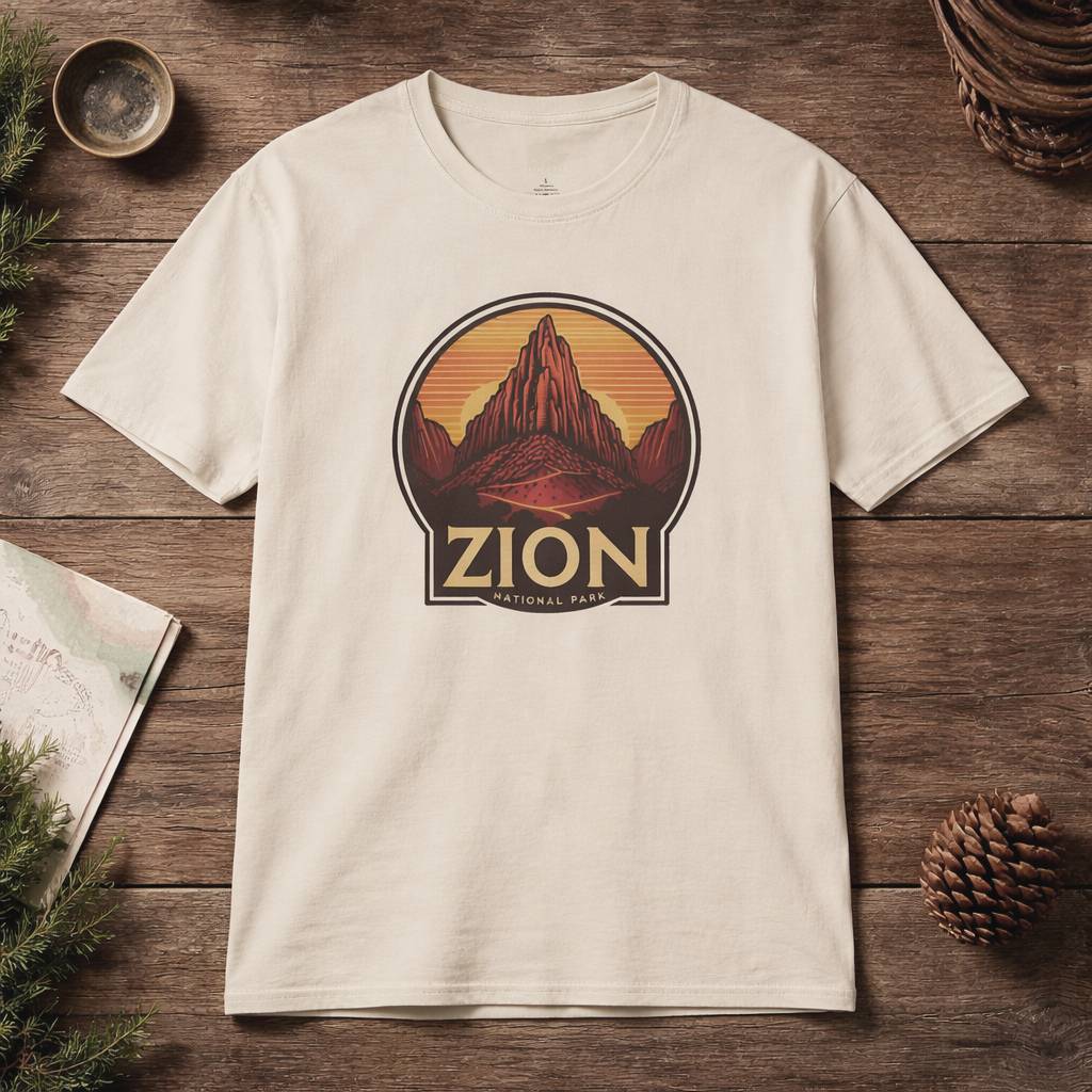 Beige t-shirt with Zion National Park graphic on a wooden surface