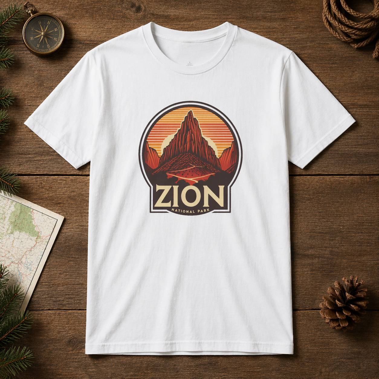 White t-shirt with Zion National Park graphic on a wooden surface