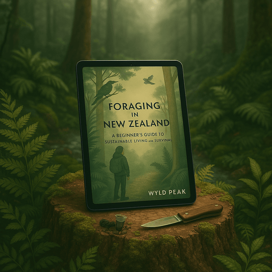 Wyld Peak New Zealand foraging guide "Backyard to Bush" on a tablet in a forest setting