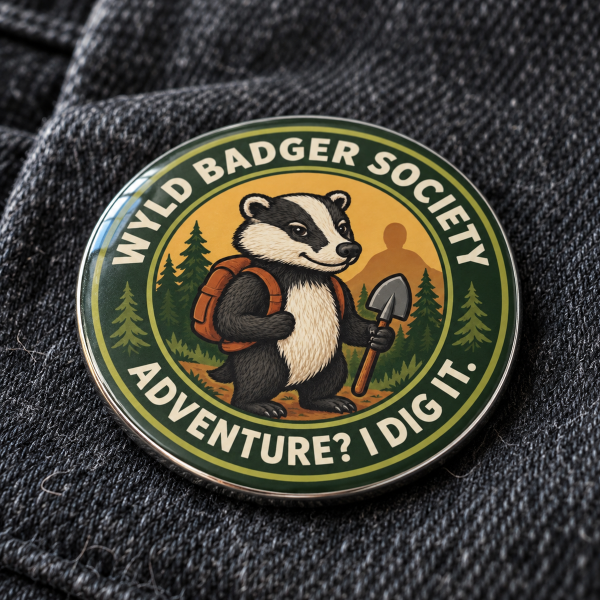 A round enamel pin featuring a cartoon badger wearing an orange backpack and holding a shovel, with the text 'WYLD BADGER SOCIETY ADVENTURE? I DIG IT.' The pin is photographed close up on dark gray denim fabric.
