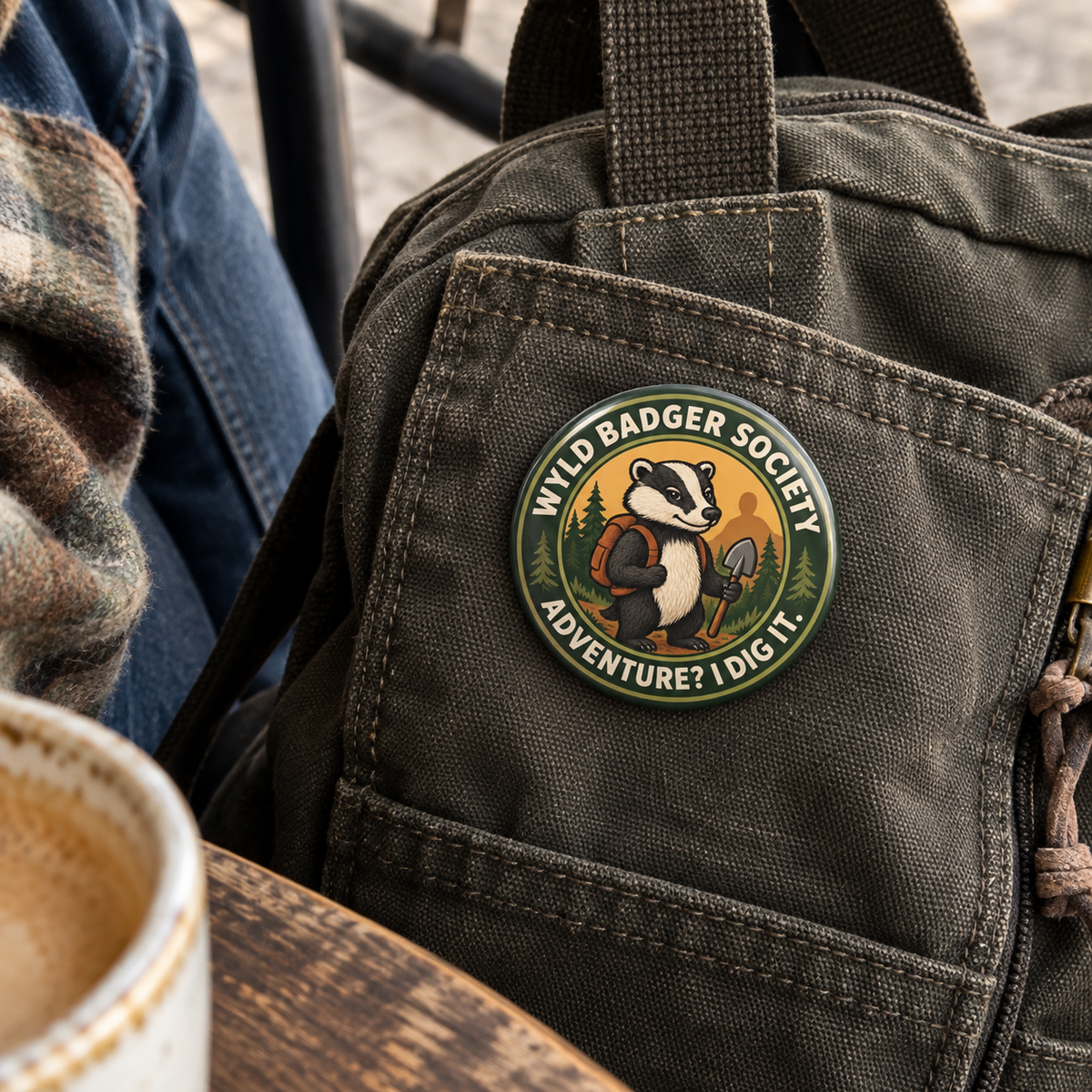A circular embroidered patch featuring a badger and the text 'WYLD BADGER SOCIETY' and 'ADVENTURE? I DIG IT.' is attached to a dark olive green canvas backpack.