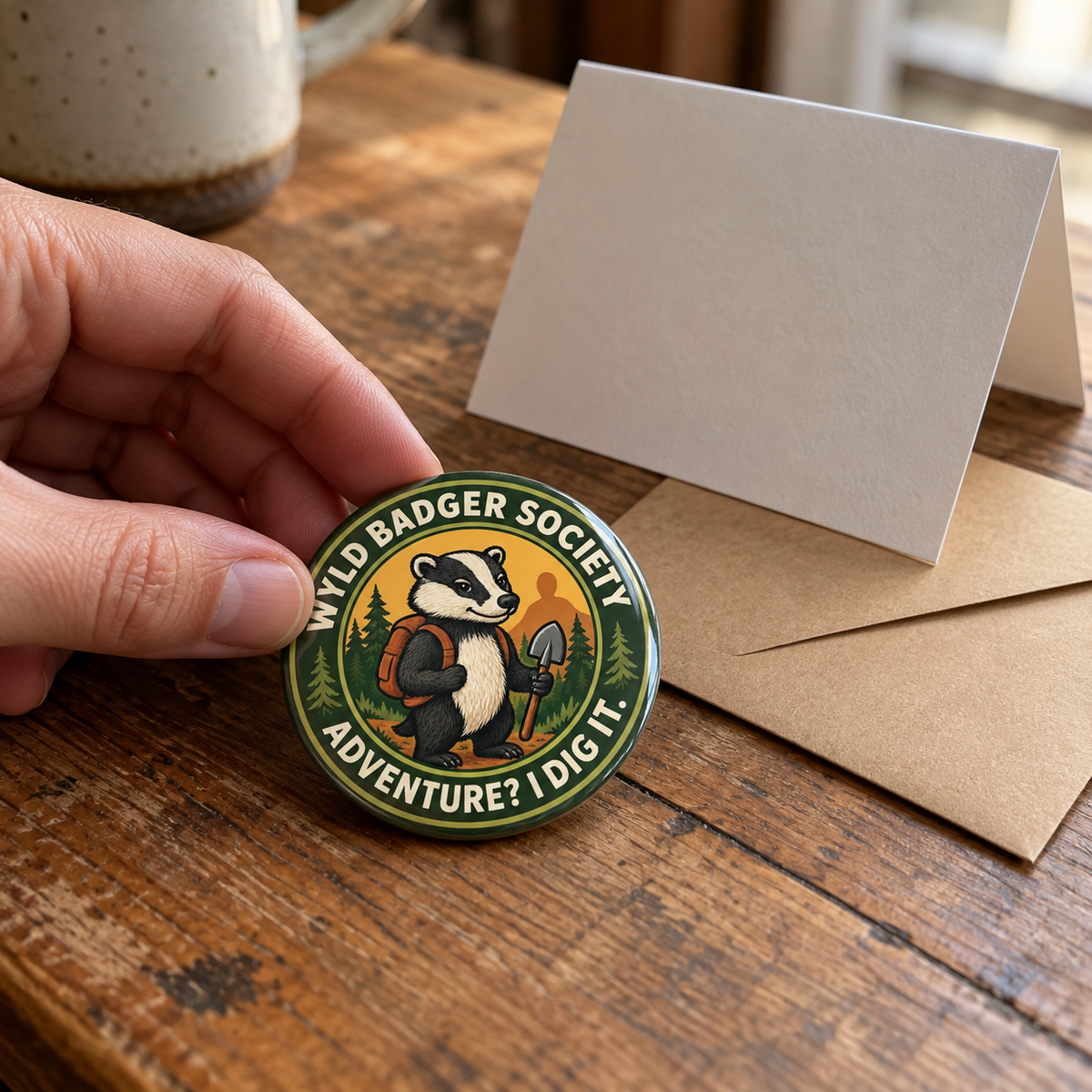 A hand holds a round pin badge featuring a badger with a backpack and hiking poles, surrounded by the text 'WYLD BADGER SOCIETY' and 'ADVENTURE? I DIG IT.' A blank white card and kraft envelope sit on a rustic wooden table in the background.