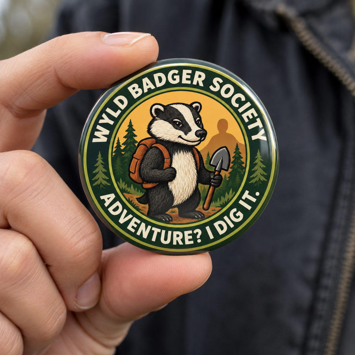 A close-up of a hand holding a round pinback button featuring an illustration of a badger wearing an orange backpack and holding a shovel, with the text 'WYLD BADGER SOCIETY' and 'ADVENTURE? I DIG IT.' The background shows part of a person wearing a dark jacket.