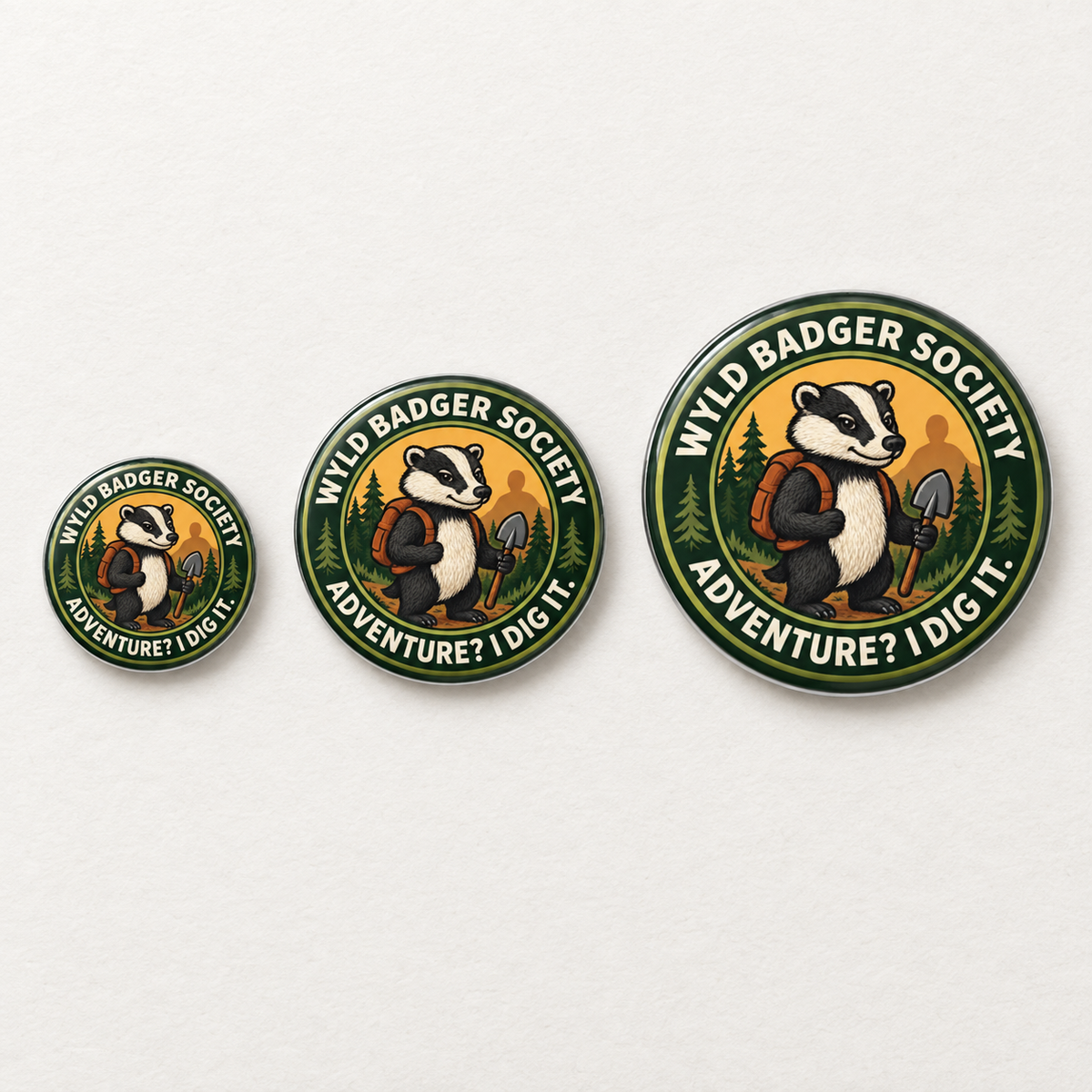 Three round enamel-style pins of increasing sizes on a light off-white background. Each pin features a cartoon badger wearing a brown backpack and holding a shovel, with the text 'WYLD BADGER SOCIETY' and 'ADVENTURE? I DIG IT.