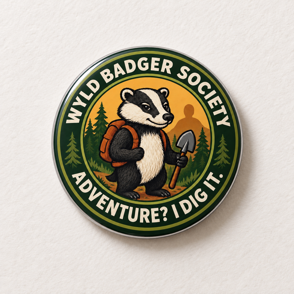 A round pin-back button badge featuring a cartoon badger wearing an orange backpack and holding a shovel, with the text 'WYLD BADGER SOCIETY' and 'ADVENTURE? I DIG IT.' on a light textured background.
