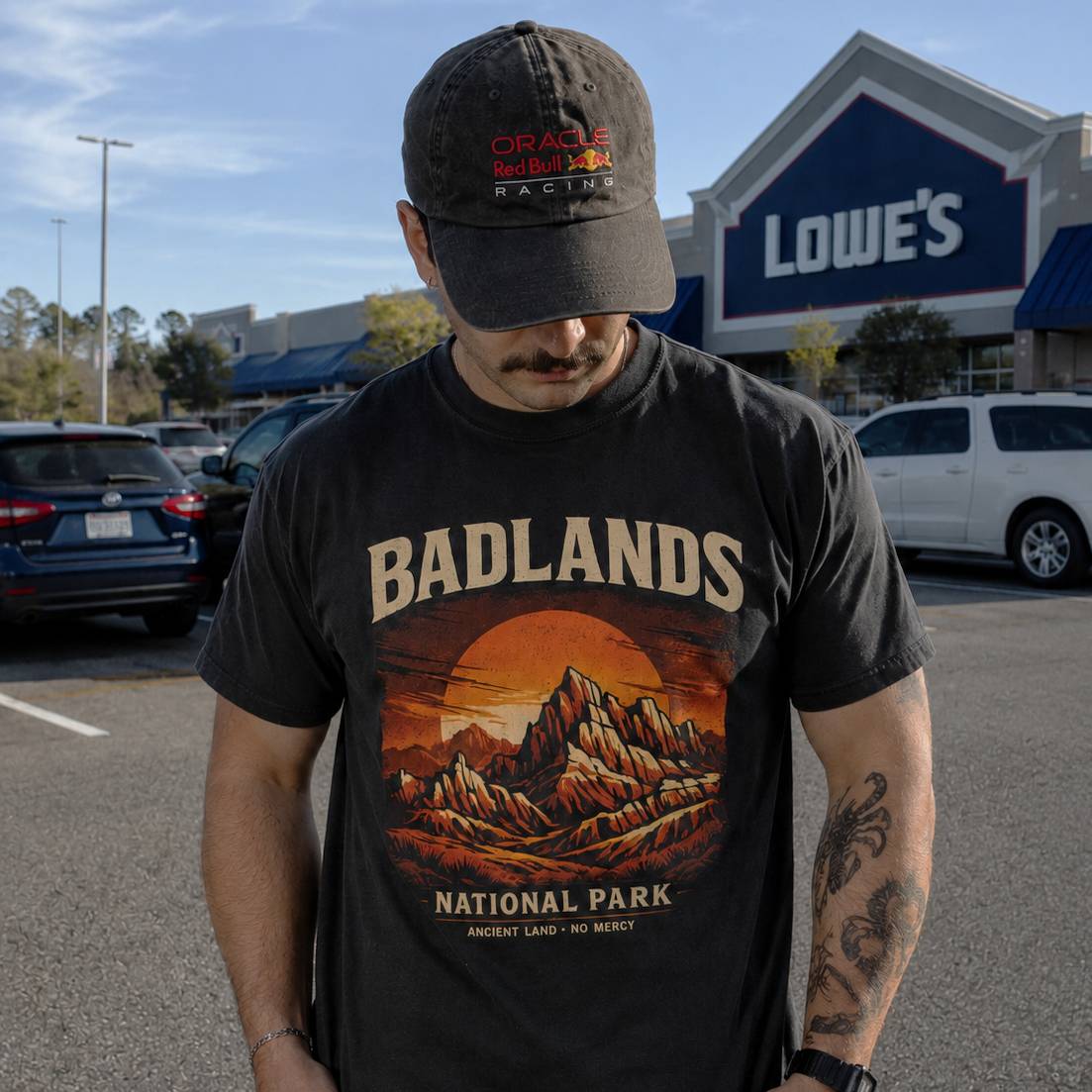Person wearing a black 'Badlands National Park' t-shirt and cap in a parking lot with a Lowe's store in the background.