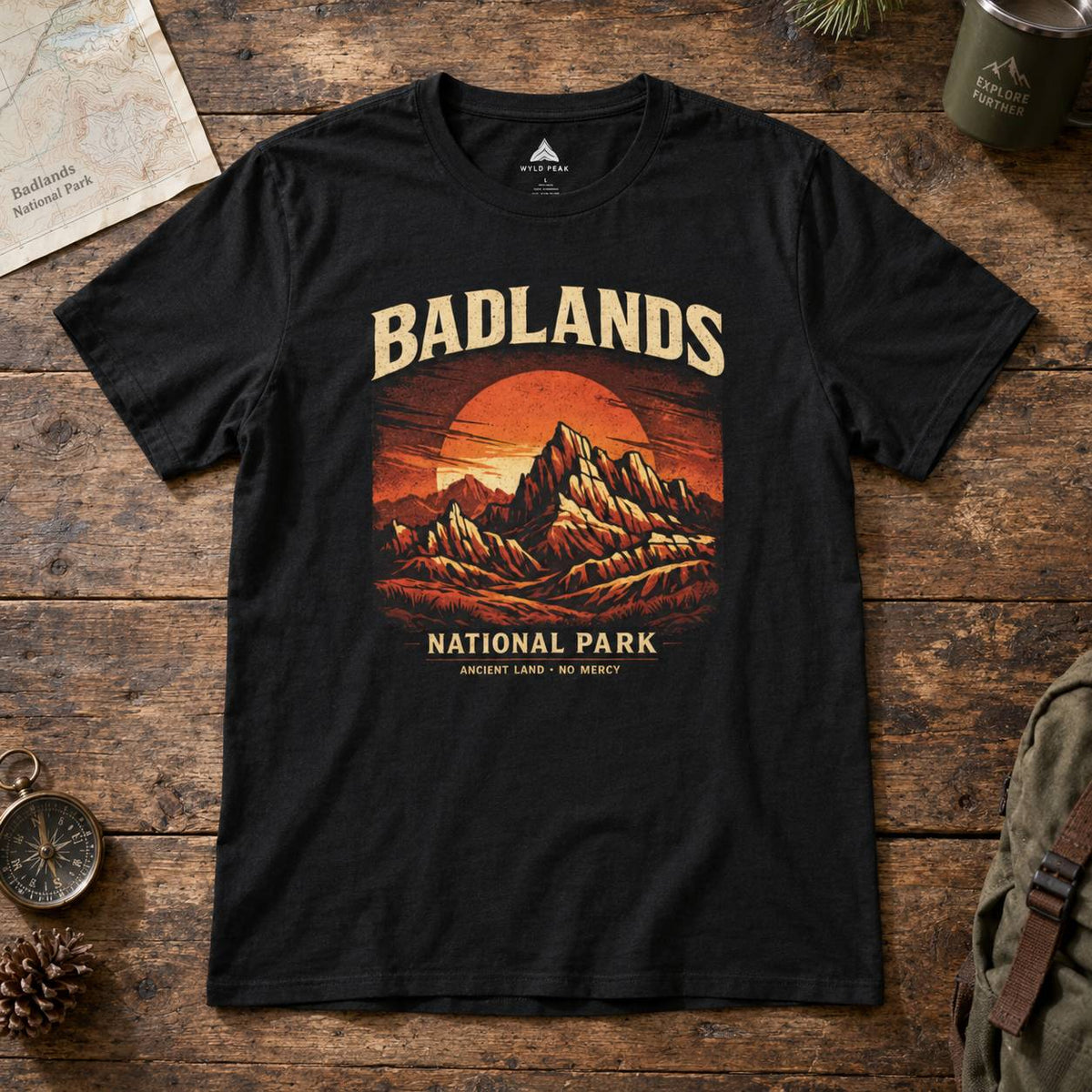 A black graphic t-shirt laid flat on a rustic wooden table, featuring a retro-style orange and yellow sunset mountain print with the text 'BADLANDS NATIONAL PARK'. The shirt is styled with outdoor props including a map, compass, pinecone, and a green camping mug.
