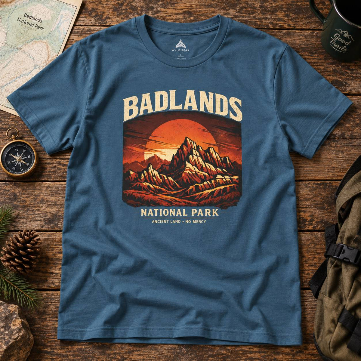 A blue crewneck t-shirt featuring a retro-style graphic of Badlands National Park, styled in a flat-lay on a rustic wooden table with a compass, pinecone, and backpack nearby.