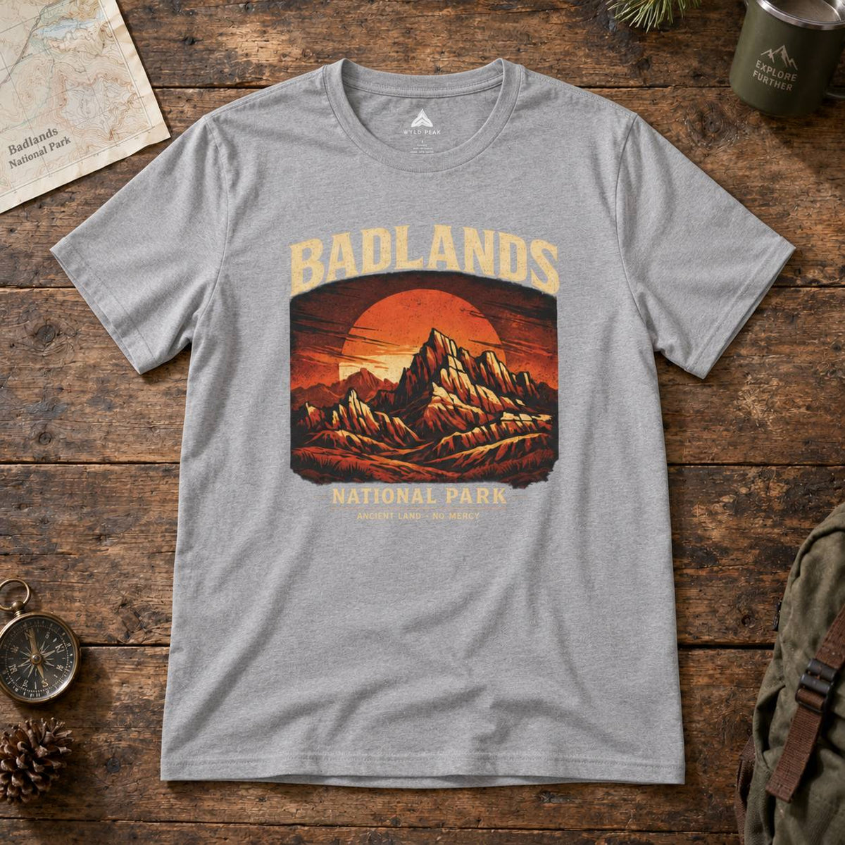 A heather gray short-sleeve t-shirt with a retro-style 'Badlands National Park' graphic print, laid flat on a rustic wooden table surrounded by outdoor-themed props like a map, compass, and pinecone.