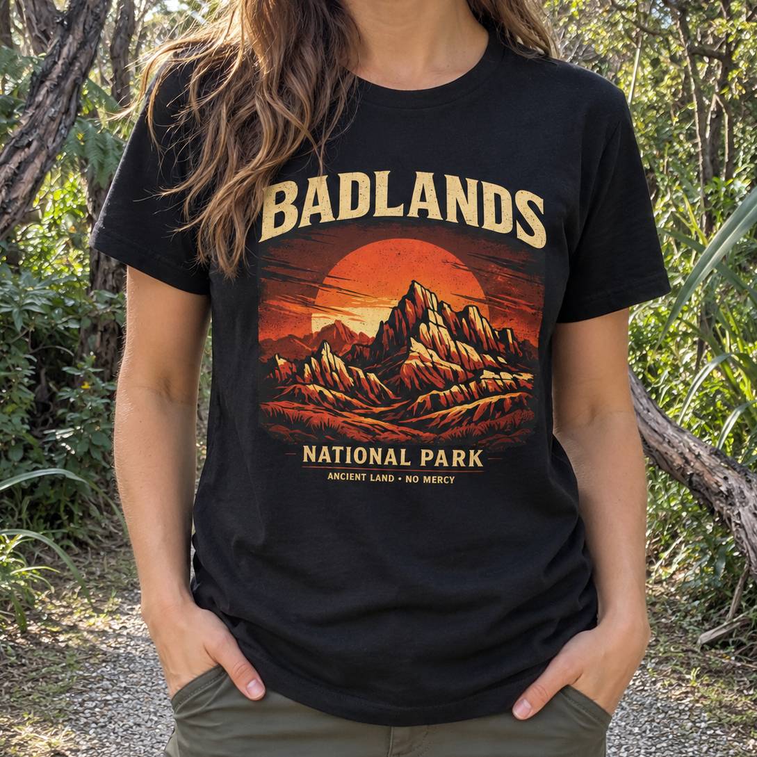 A woman wearing a black graphic t-shirt featuring a retro-style illustration of Badlands National Park with an orange sunset and beige text, set against a natural outdoor background of trees and foliage.