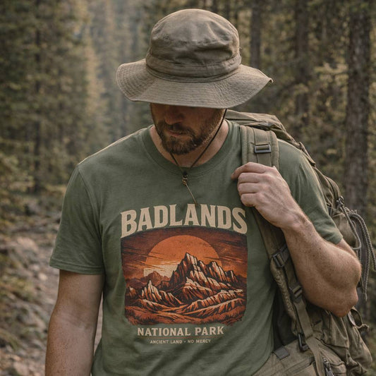 Man wearing a 'Badlands National Park' t-shirt and hat, standing in a forest.