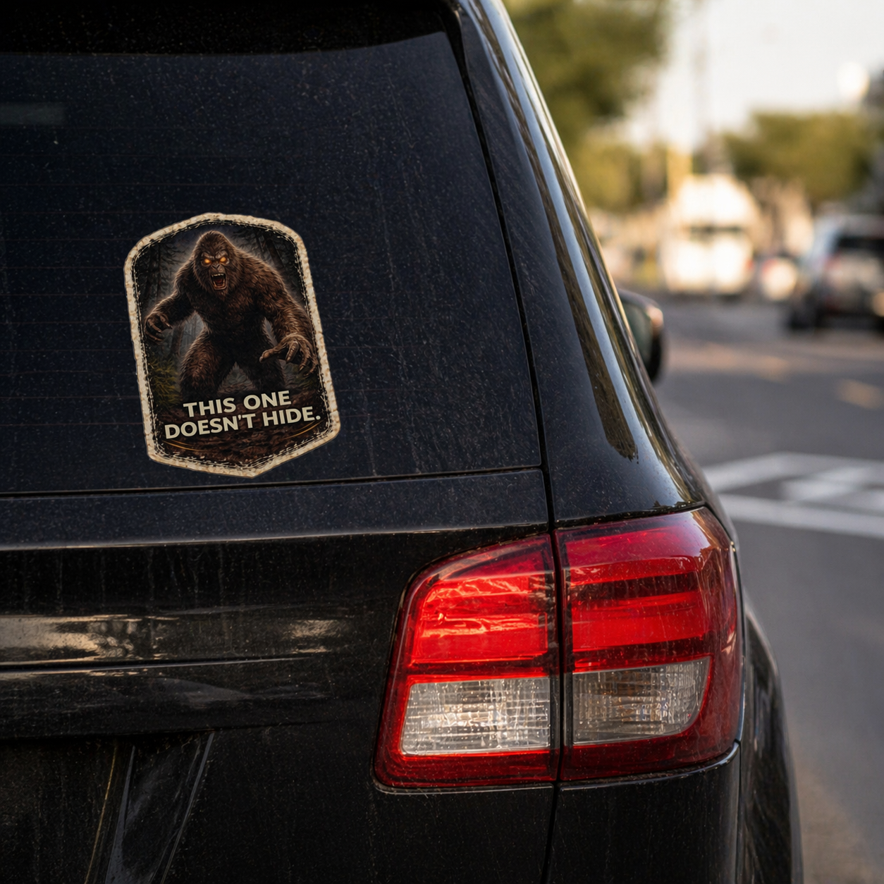 “This One Doesn’t Hide” Bigfoot sticker on car bumper, Sasquatch cryptid decal with bold forest design, eerie outdoor-themed sticker