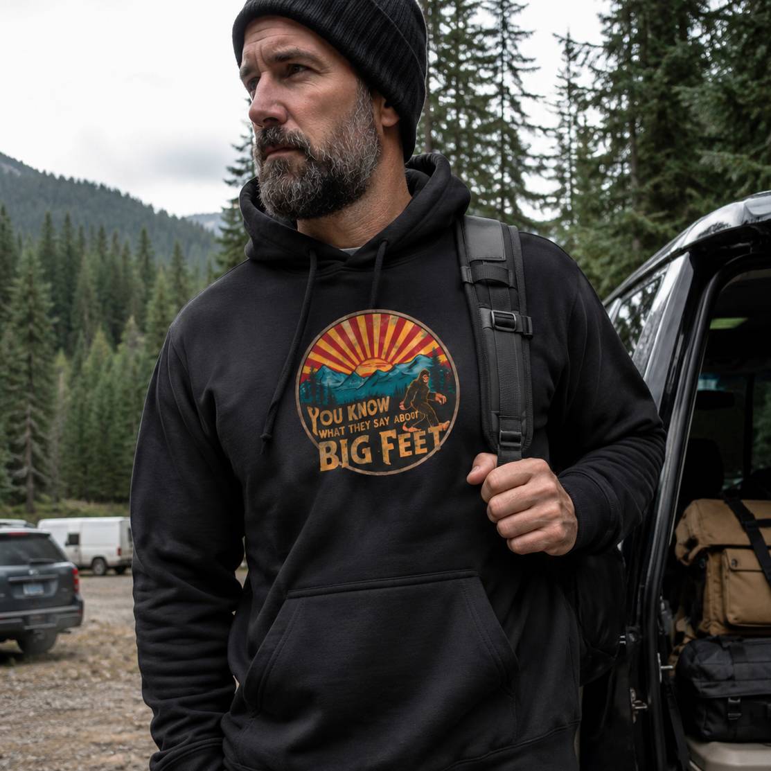 Man wearing a black hoodie with a graphic design, standing outdoors near a vehicle in a forested area.