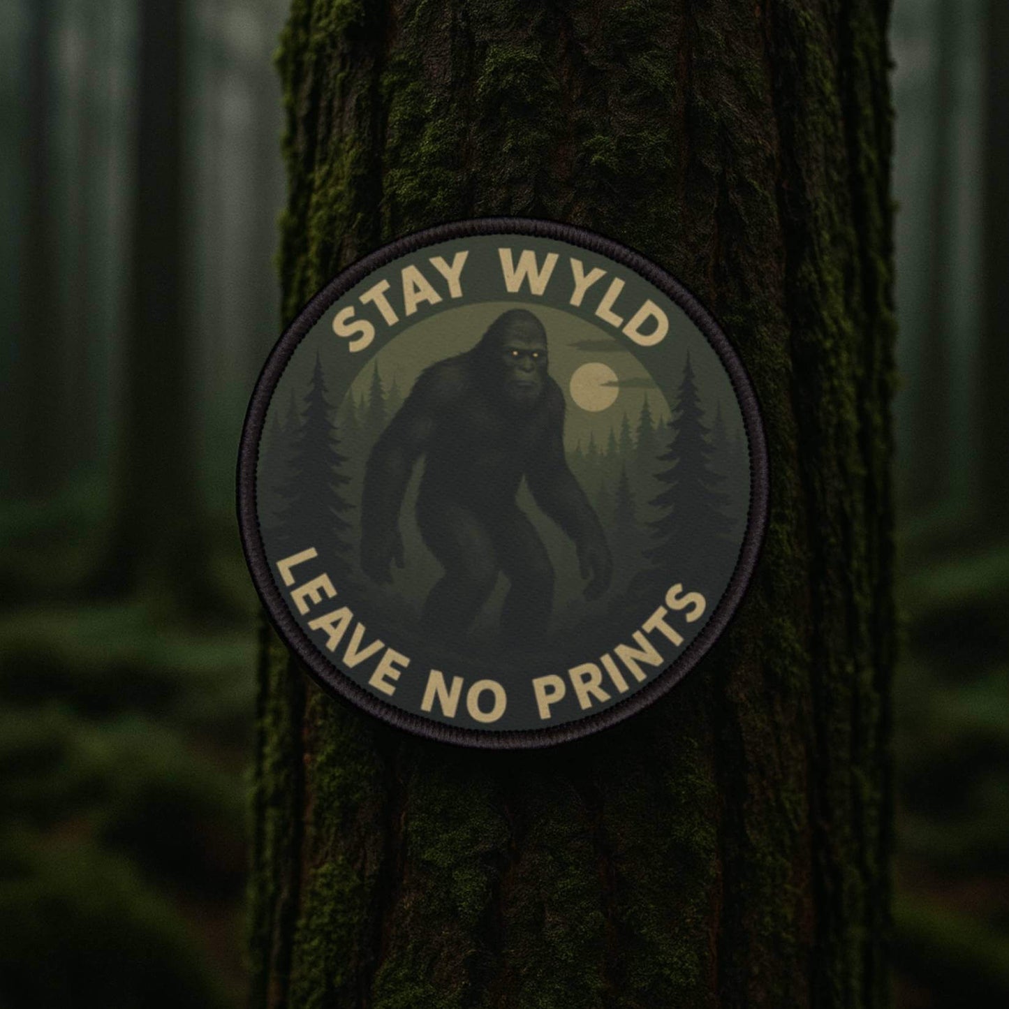Wyld Peak Bigfoot patch in a misty, dark forest in Washington State