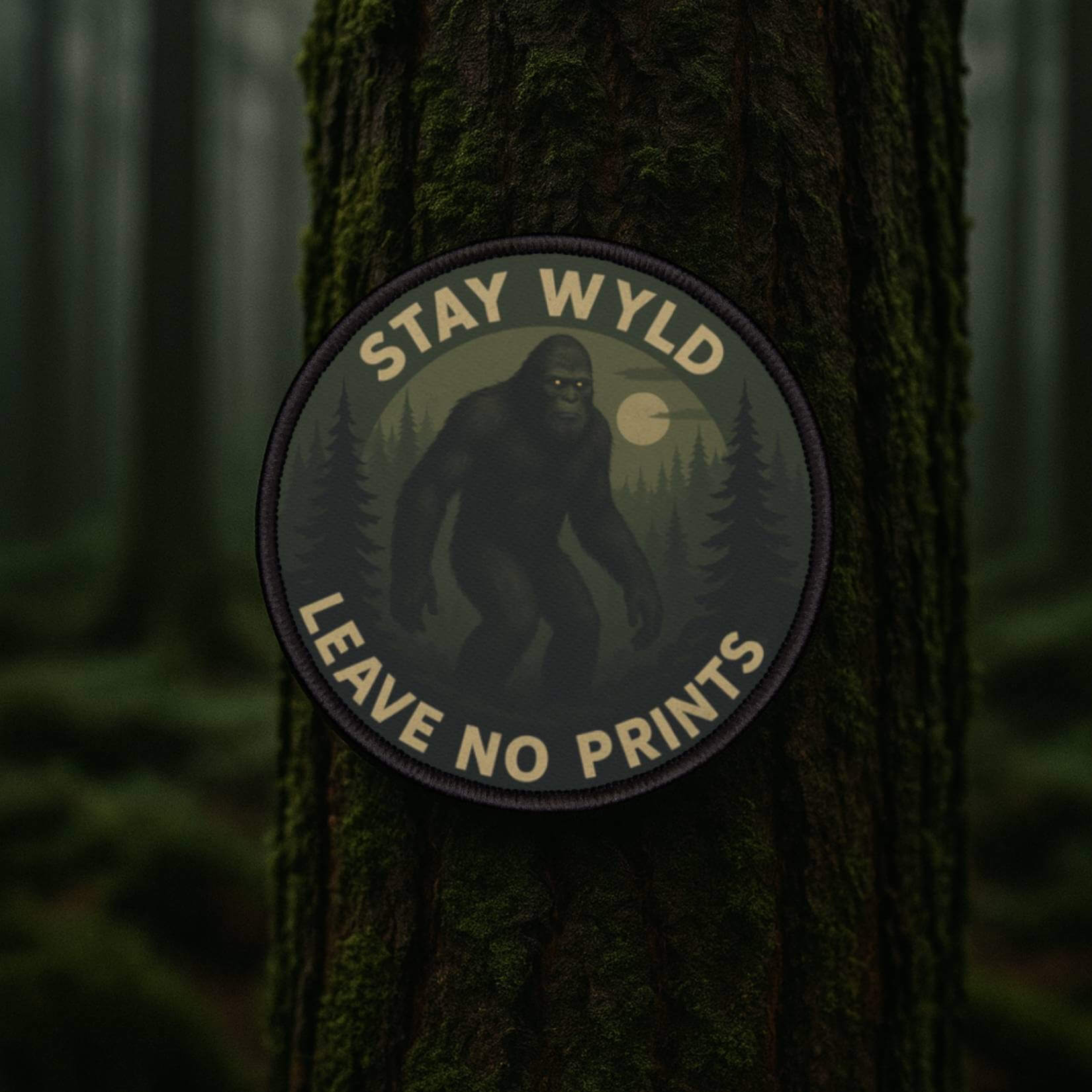 Wyld Peak Bigfoot patch in a misty, dark forest in Washington State