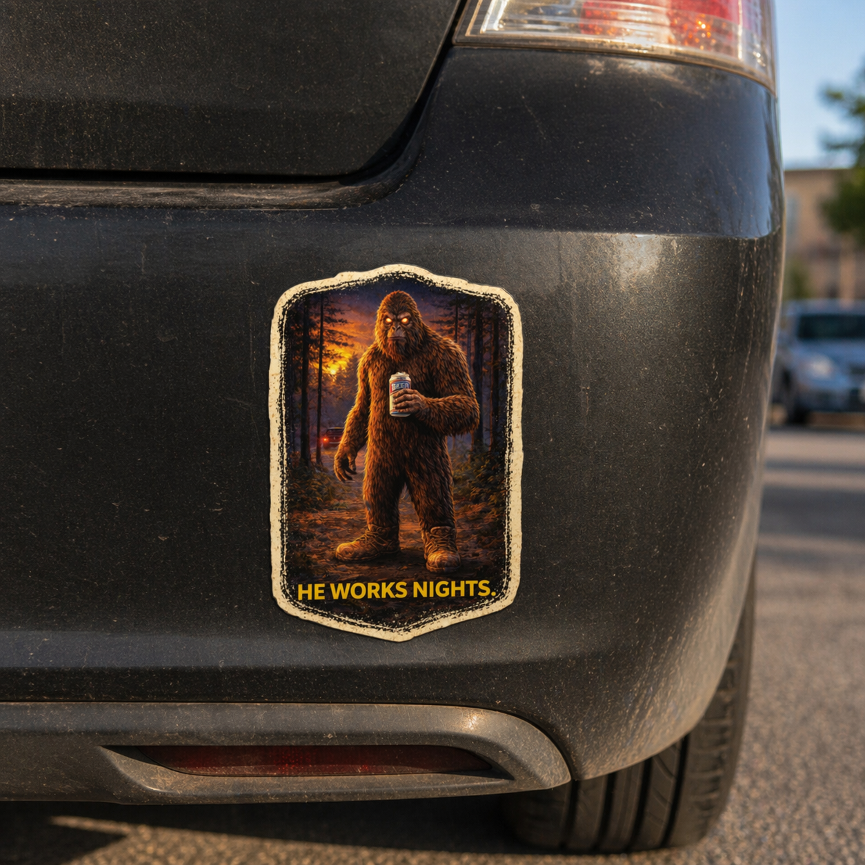 Bigfoot sticker on a car bumper with 'He Works Nights' text