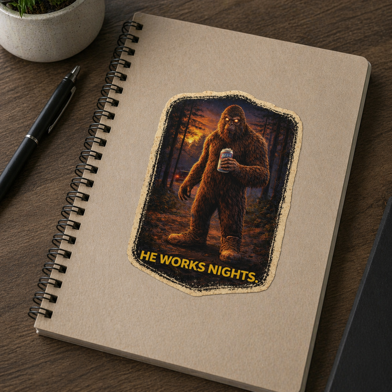 Notebook with a Sasquatch illustration and 'He Works Nights' text on a wooden surface.