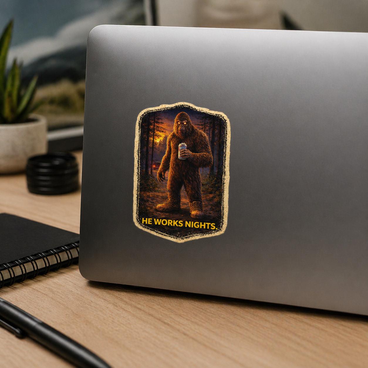 Laptop with a patch featuring a sasquatch and 'He Works Nights' text on a desk.