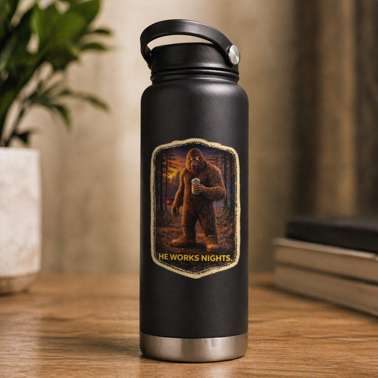 Black water bottle with a Sasquatch design and 'He Works Nights' text on a wooden surface.