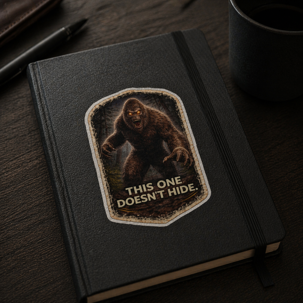 Creepy Bigfoot vinyl sticker on notebook, “This One Doesn’t Hide” cryptid design with dark forest aesthetic for journals and sticker collectors